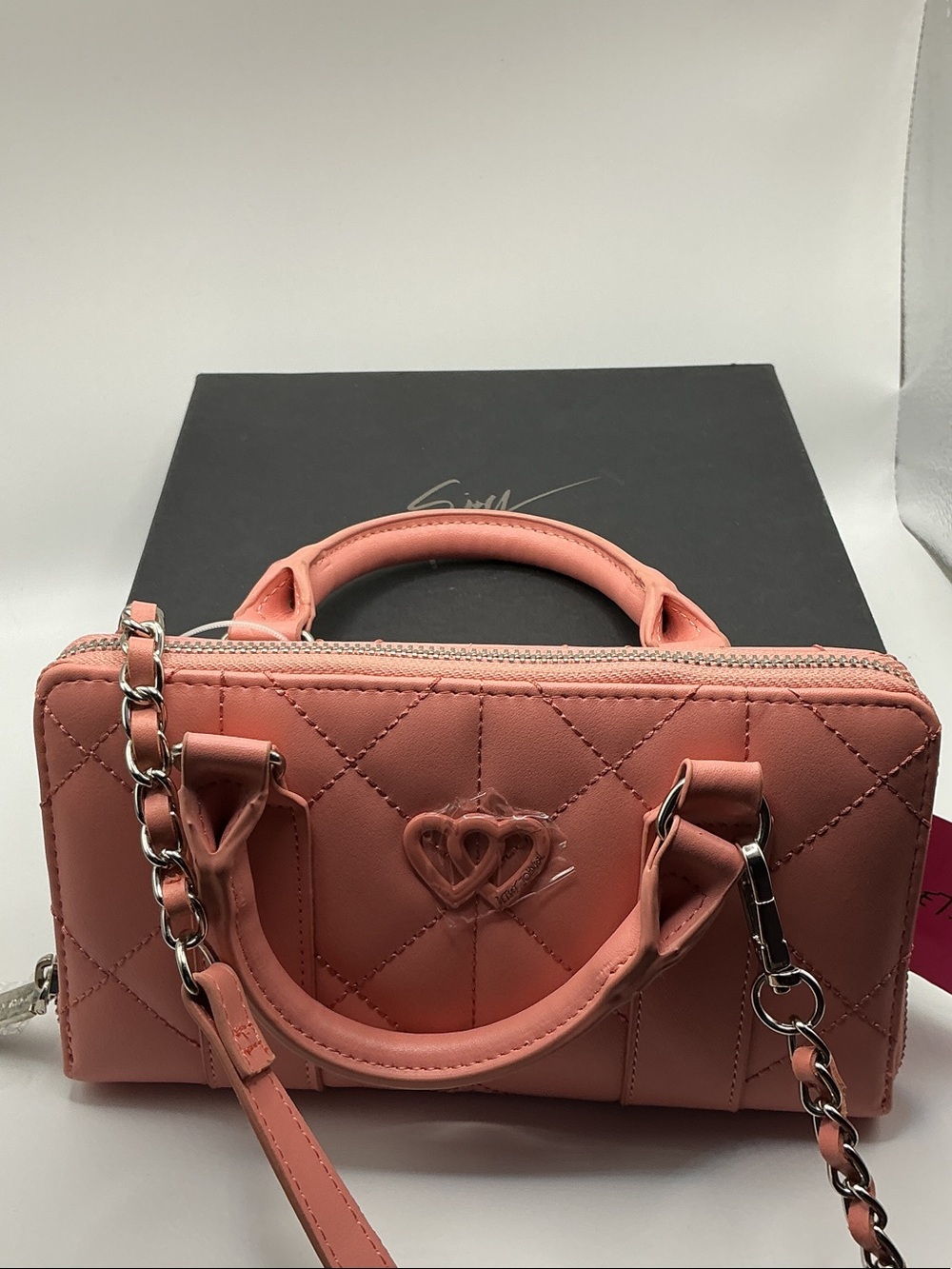 Women's Quilted Double-Heart Top-Handle Bag in Coral Pink